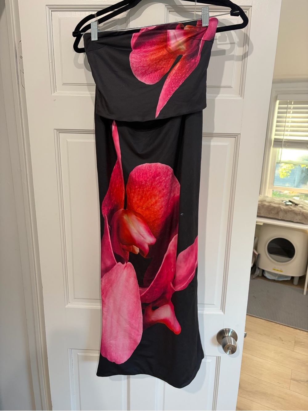 Black Maxi Skirt Set with Bold Pink Floral Print